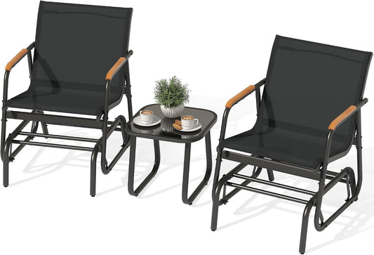 YITAHOME 3 Piece Patio Glider Set Textilene Gliders Outdoor Furniture Black | Heavy-duty Patio Glider Set w/Breathable Fabric, Smooth Gliding, Wooden Armrest, Tempered Glass Table, Easy Assembly Cleaning