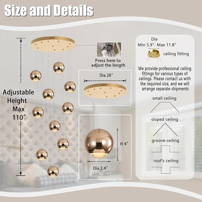 10-Light LED Staircase Gold Chandelier Crystal Ceiling Lights Large Chandeliers for High Ceilings, Entryway Modern Lighting Fixture Villas and Stairs