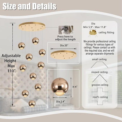 10-Light LED Staircase Gold Chandelier Crystal Ceiling Lights Large Chandeliers for High Ceilings, Entryway Modern Lighting Fixture Villas and Stairs