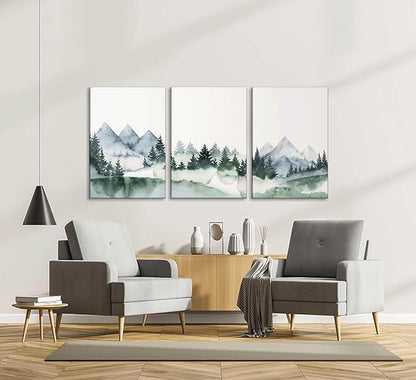 3 Pcs Modern Mountains Canvas Wall Art Green Watercolor Misty Pine Forest Nature Minimalism Abstract Landscape Painting Picture Wall Decor Poster Print Artwork for Living Room Bedroom Office