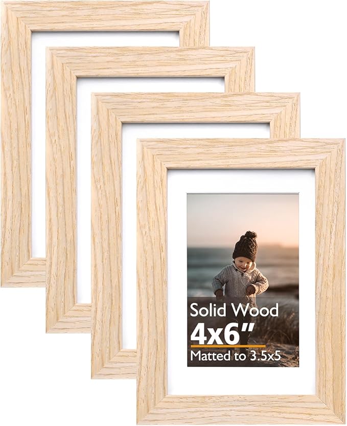 KINLINK 4x6 Picture Frames Natural Wood Frames with Acrylic Plexiglass for Pictures 3.5x5 with Mat or 4x6 without Mat, Tabletop and Wall Mounting Display, Set of 4