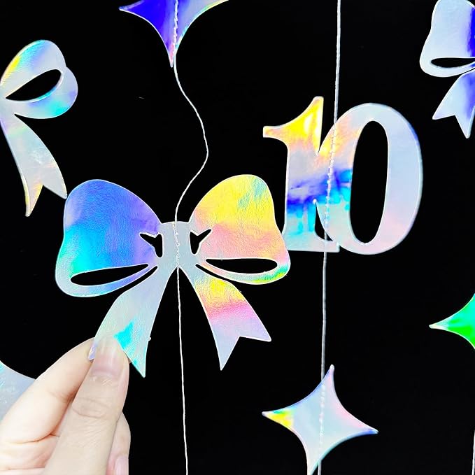 Iridescent 10th Bow Birthday Decorations Glitter Conquette Bow Garland Streamer Banner Backdrop for Girls Boys Happy 10th Birthday Double Digits Cheers to 10 Years Old Anniversary Party Supplies