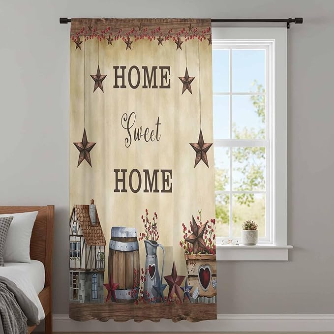 Farm Sheer Curtains 84 Inch Length American Country Barn Star Vintage Berry Brown Chiffon Curtain for Bedroom Living Room Light Filtering Rod Pocket Window Treatments Voile Curtains Drapes for Dining