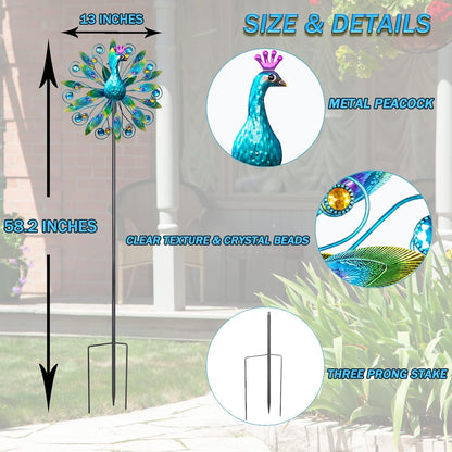 Outdoor Wind Spinner 58" Metal Peacock Wind Spinner Double Peacock Wind Sculpture for Garden Yard Patio Decoration