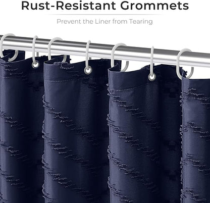 Navy Blue Fabric Shower Curtain Boho Tufted Chevron Striped Textured Cloth Curtains for Bathroom Farmhouse Shabby Chic Waterproof Set with Hook, Wrinkle Free