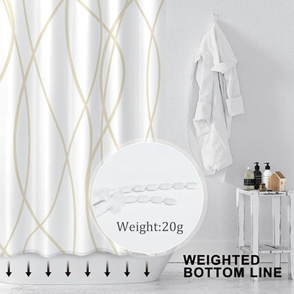 Punkray Beige Khaki Shower Curtain for Bathroom with Hooks, Extra Long Shower Curtain Set Stripe Bath Curtains Decorative White Shower Curtains Weighted Hem Water Repellent Washable, 54 x 72