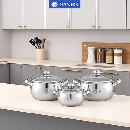 Daniks Classic 6-Piece Stainless Steel Induction Cookware Set – Dishwasher Safe Pots with Lids, Measuring Scale, Silver