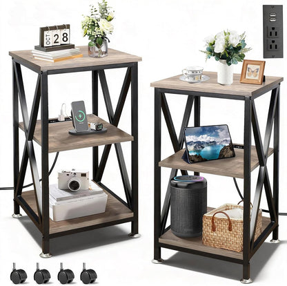 End Tables Living Room Set of 2, Square End Table with Charging Station, 16" D X 16" W X 28" H, Wood and Metal Table with USB Ports and Outlets, Side Table with Wheels for Living Room, Bedroom, Grey