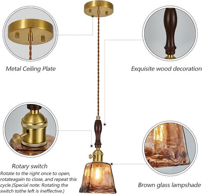 Amber Glass Vintage Pendant Light Height Adjustable Handmade Glass Pendant Lights Kitchen Island Gold Hanging Light Fixture with Wood Handle for Bedroom Dining Room Hotel (1 Pack)