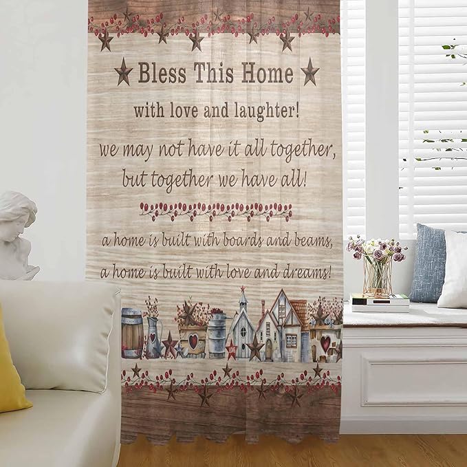 Farmhouse Sheer Curtains 72 Inch Length Brown Country Star Berry Vintage Wood Grain Chiffon Curtain for Bedroom Living Room Light Filtering Rod Pocket Window Treatments Voile Curtains Drapes