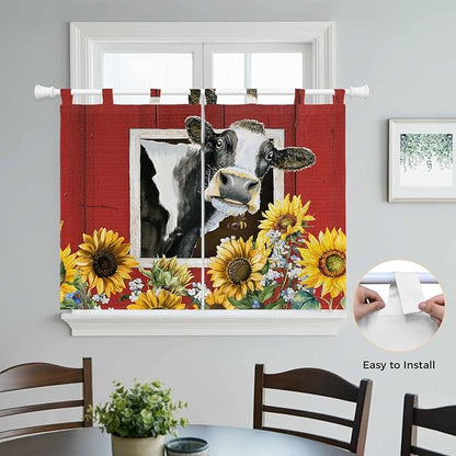 Cows Sunflowers Bedroom Curtains 63 Inch Length, Window Curtains Tab Top, Spring Botanical Floral Bees Red Barn Light Filtering Window Treatments Drapes 42"x63" 2 Panel