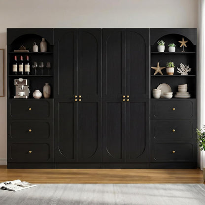 Cyclysio 80" Kitchen Pantry Cabinet with 6 Drawers, Wide Arched Kitchen Storage Cabinets with 6-Tier Open Shelves, Wood Floor Cupboard with Seamless Fit Wall for Living Room, Kitchen, Bathroom