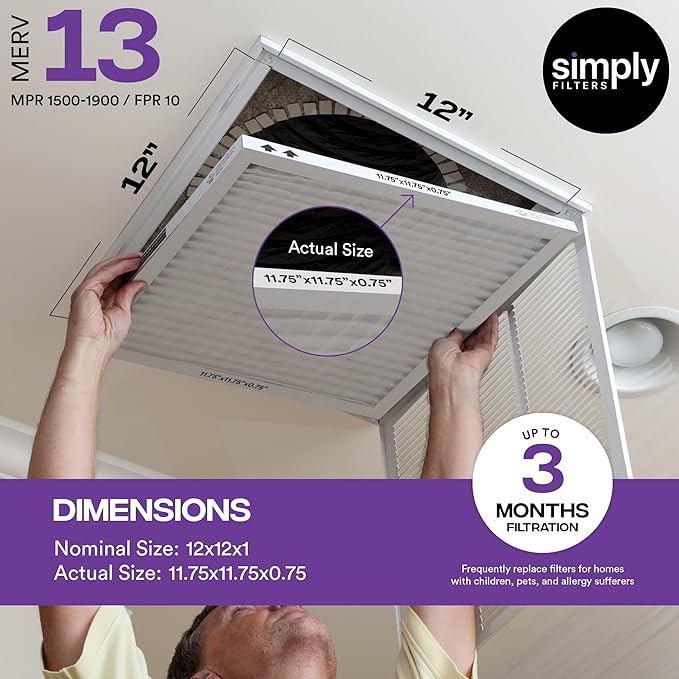 Simply 12x12x1 Air Filter, Merv 13, 4 Pack, For Home AC Furnace & HVAC (Actual Size: 11.75"x11.75"x0.75") DUST, Pet, & Allergy Control