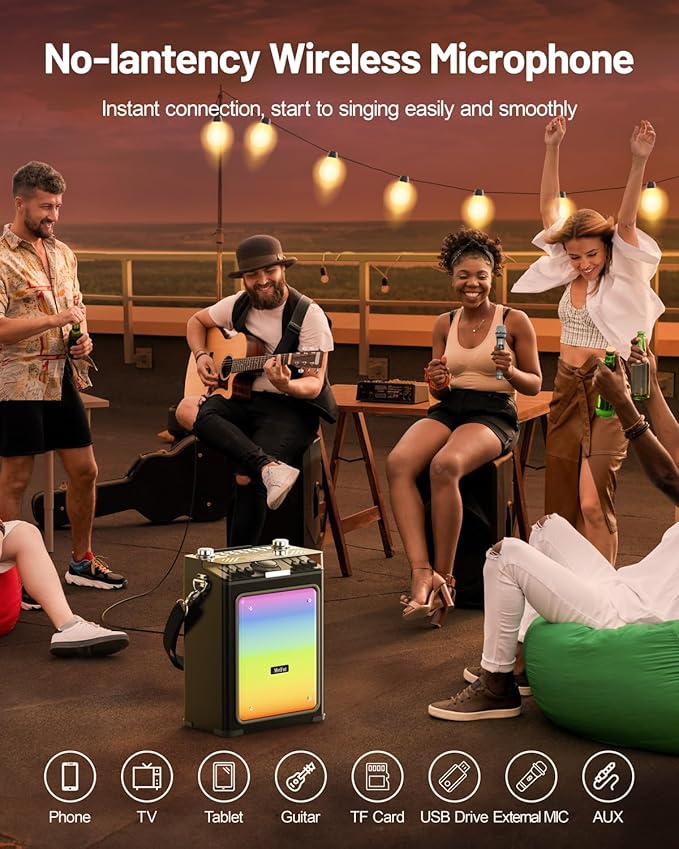 Karaoke Machine for Adults with 2 Wireless Microphones & Guitar Input, Professional Bluetooth 5.3 Speaker, Portable Wooden Karaoke PA System with Bass/Treble Adjustable for Backyard, Home Party