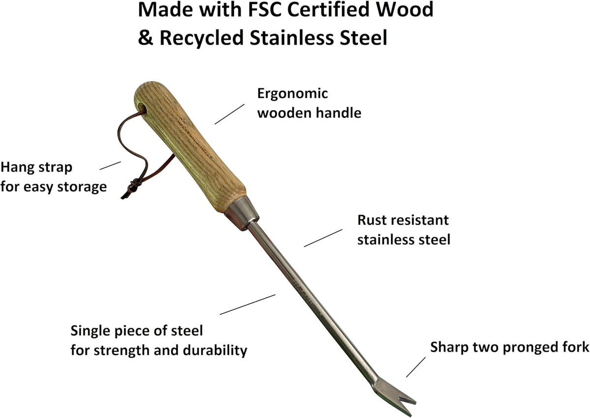 Garden Guru Eco Dandelion Weeder Tool with Ergonomic Wood Handle - 100% Recycled Stainless Steel - Rust Resistant - FSC Certified Wood - Weed Puller for Planting, Weeding, Flower & Vegetable Care