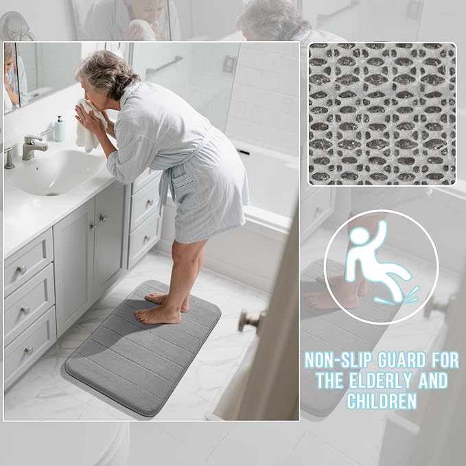 Yimobra Long Bath Mat 44"x24", Super Soft Quick Dry Memory Foam Bathroom Rug, Water Absorbent, Non Slip Backing Machine Washable for Tub Shower, Thick Comfort Support, Gray