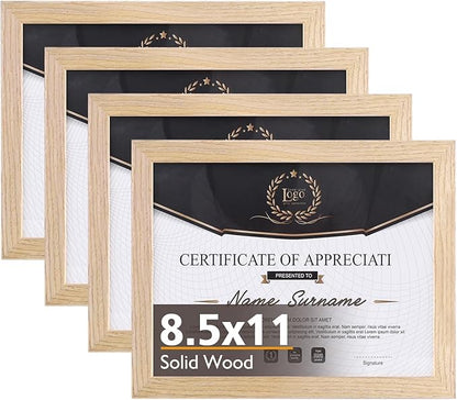 KINLINK 8.5x11 Picture Frame Natural, Solid Wood Diploma Frames with Acrylic Plexiglass for Pictures, Certificate Degree Document Frame Tabletop and Wall Mounting Display, Set of 4
