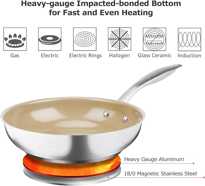 Duxtop Ceramic Non-stick Frying Pan, Stainless Steel Induction Frying Pan, 9.5-Inch Stir Fry Pan with Heavy-gauge Impact-bonded Bottom, FUSION Ti