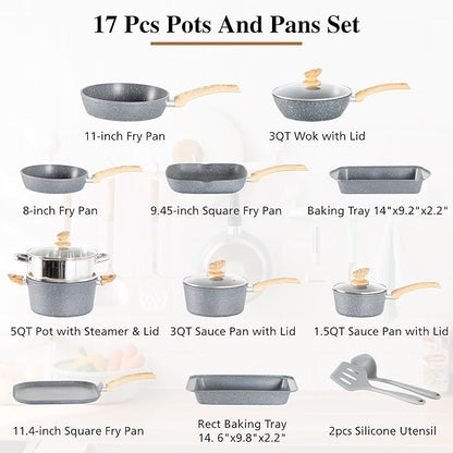 DishDelight 17 Piece Pots and Pans Set Non Stick, Granite Nonstick Cookware Set, Induction Cookware and Bakeware Set, Nonstick Kitchen Cookware Set, Gray