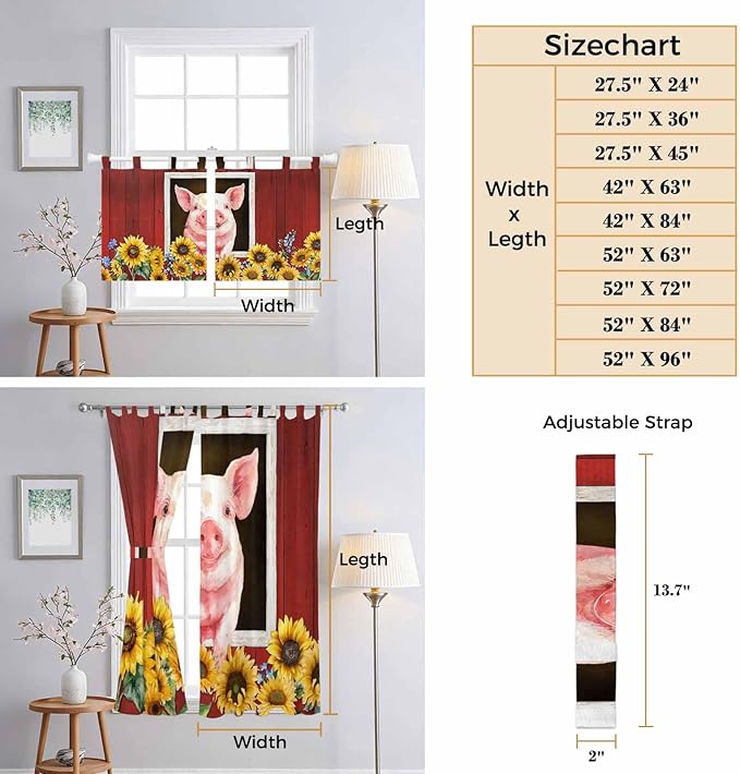 Pigs Sunflowers Bedroom Curtains 72 Inch Length, Window Curtains Tab Top, Farmhouse Red Barn Flowers Animals Light Filtering Window Treatments Drapes 52"x72" 2 Panel
