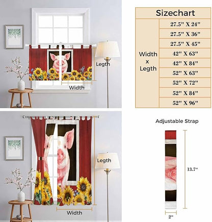 Pigs Sunflowers Bedroom Curtains 63 Inch Length, Window Curtains Tab Top, Farmhouse Red Barn Flowers Animals Light Filtering Window Treatments Drapes 42"x63" 2 Panel