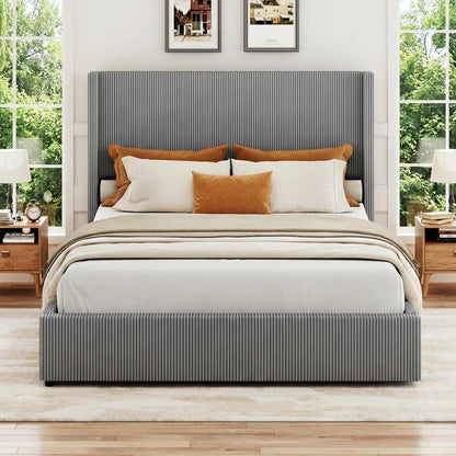 King Bed Frame with 4 Storage Drawers, Corduroy Upholstered Platform Bed