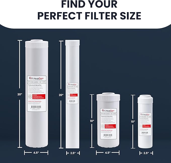 LiquaGen Activated Alumina + Carbon + KDF-55 Replacement Water Filter Cartridge – Helps Manage Fluoride, Chlorine & Taste, Refillable 2.5" x 10", 2.5" x 20", 4.5" x 10", 4.5" x 20" (2, 2.5" x 20")
