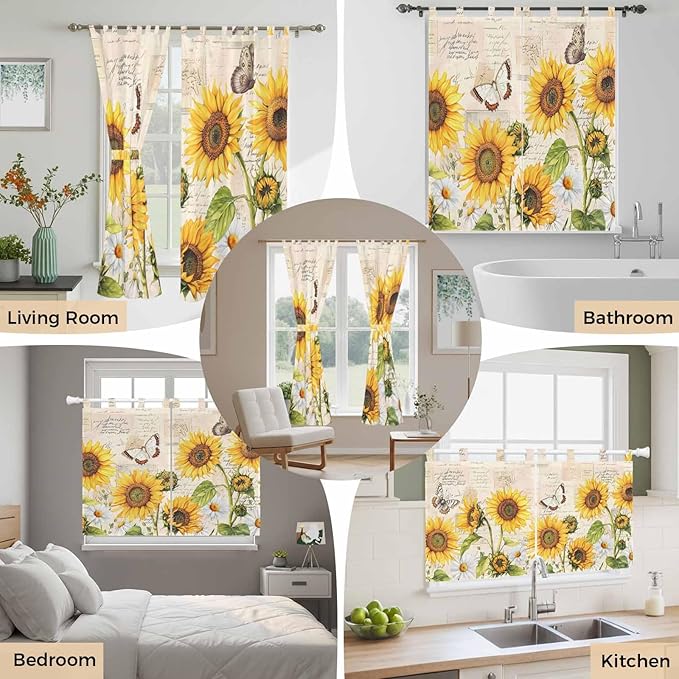 Yellow Sunflowers Kitchen Curtains 36 Inch Length, Small Window Curtains Tab Top, Country Farm Butterfly Flower Light Beige Light Filtering Short Window Treatments Tier Drapes 27.5"x36" 2 Panel