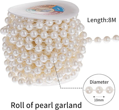 10mm Pearl Strands,9 Yds of Lvory Fake Beads Garland Spool Roll with Stringed Pearls for Crafting,Wedding Party,Christmas Tree Decoration.