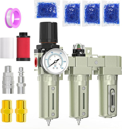 Heavy Duty Industrial Grade 3/4" NPT 3 Stage Air Drying System,Coalescing Filter, Particulate Filter, Desiccant Dryer and Air Regulator, Manual Drain, For Plasma Cutter and Paint Spray
