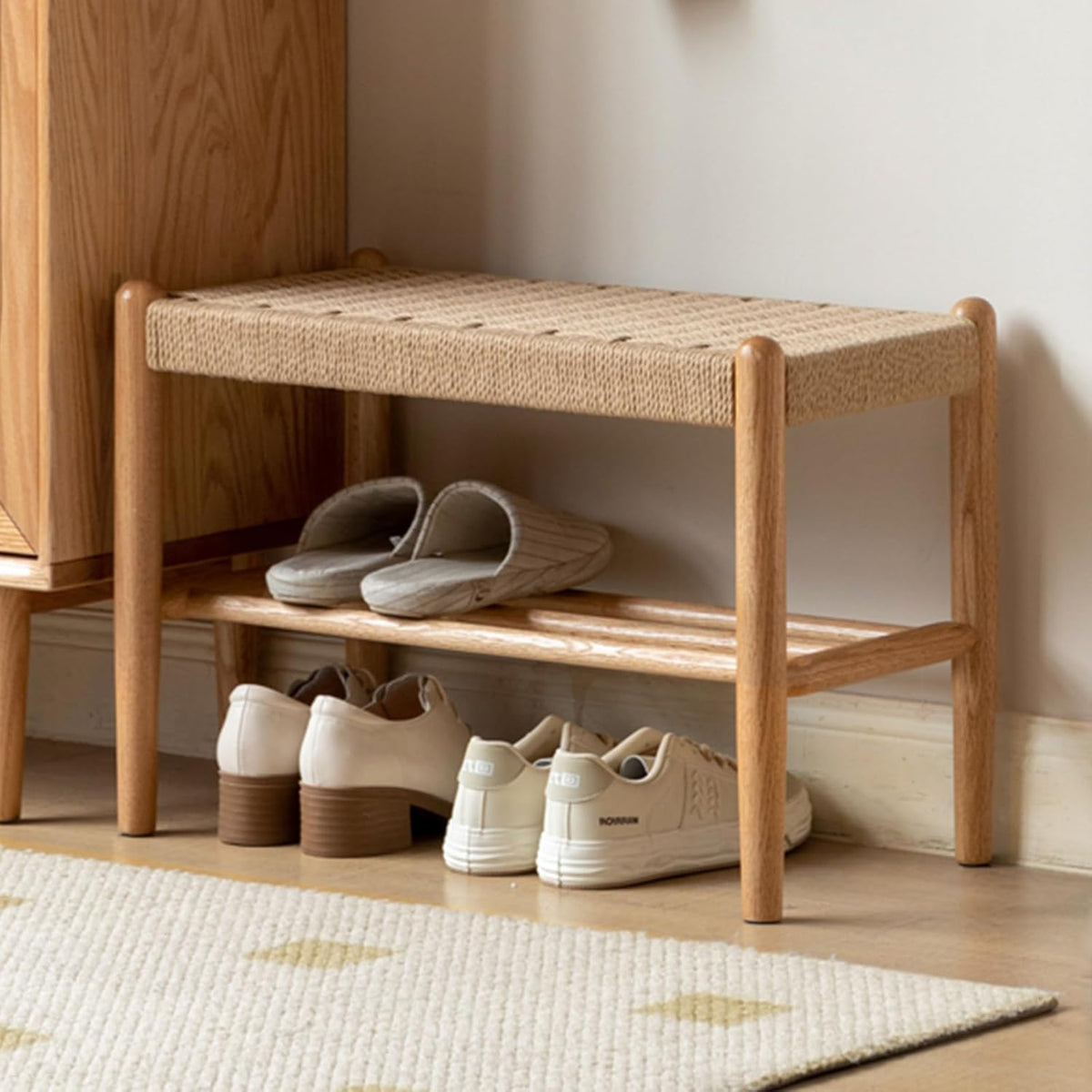 Solid Oak Shoe Bench Assembled, Farmhouse Shoe Rack Bench with Woven Rope Design for Entryway, Living Room, Bedroom, Hallway, 11.8" x 23.6" x 16.1", Natural