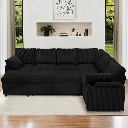 110” Corduroy Sectional Sofa w/Pull Out Bed & Storage Chaise, Reversible U Shaped Sofa w/Storage Armrests & Cup Holders, Corner Couch w/USB Charging Port & Throw Pillow for Living Room, Black