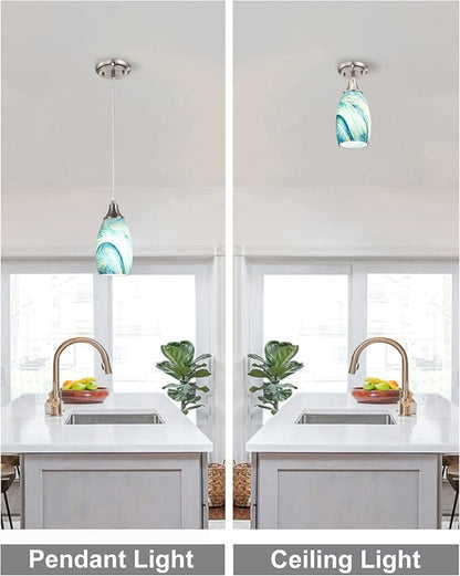Art Glass Mini Pendant Lights for Kitchen Island Blown Art Glass Pendant Light Shade Hanging Ceiling Lights with Brushed Nickel Finish for Kitchen Counter bar,Dining Room Blue Mixing Yellow-1P