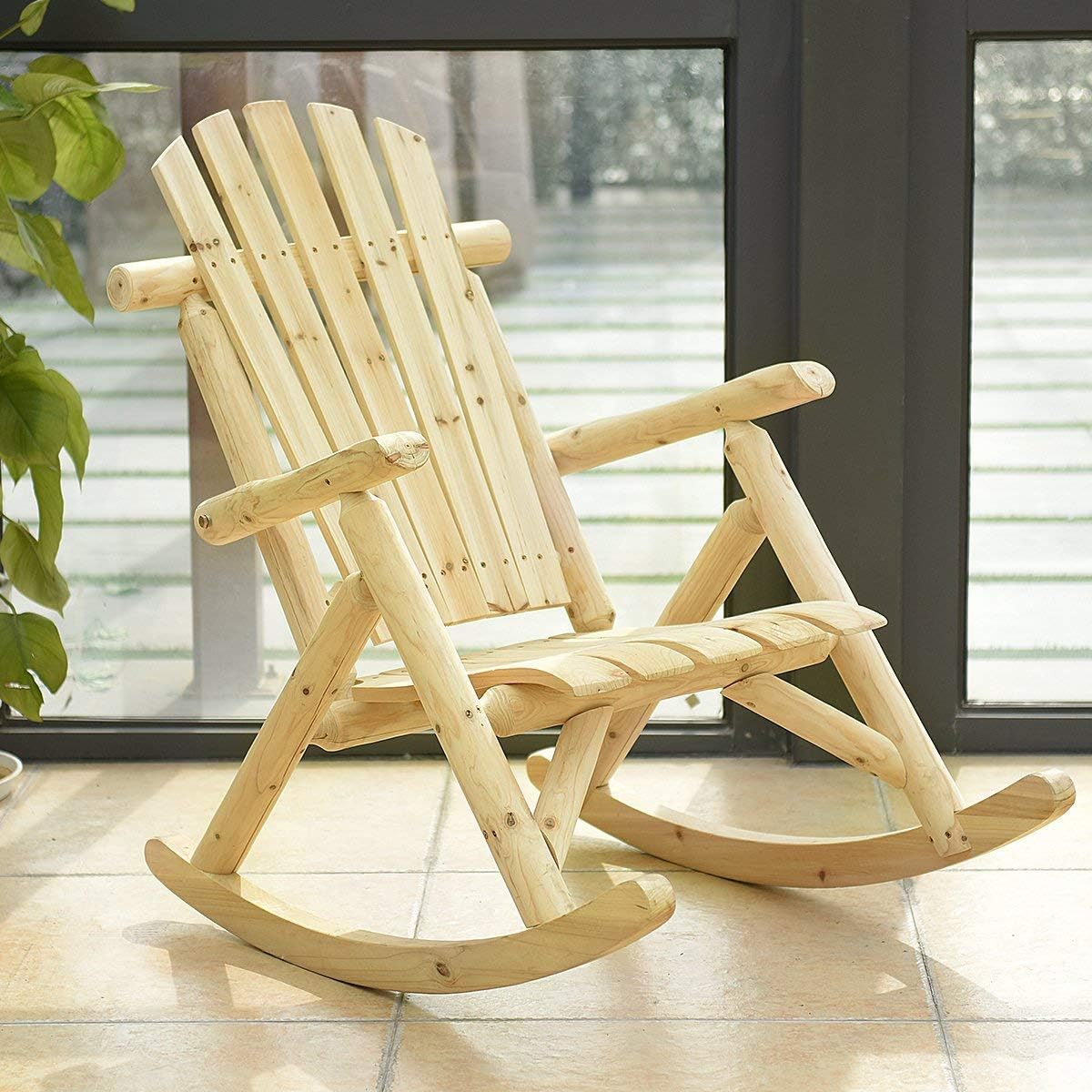 Casart Log Rocking Chair Wood Porch Rocker Lounge Patio Deck Balcony Furniture Rustic Single Rocker Natural