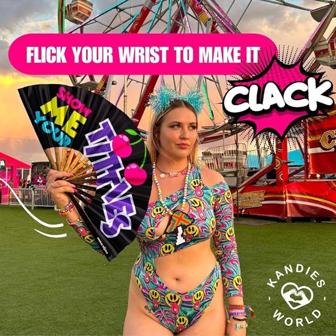 Kandies World UV Reactive Custom Festival Folding Hand Fan - Unique Designs, Made of Bamboo, Clacking Sound, Lightweight - Perfect Rave and Festival Accessory!
