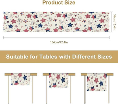 4th of July Table Runner, American Patriotic Independence Day Red Blue White Stars Stripes Fireworks Print Table Runner for Home Party Decor Kitchen Dining Table, 13x108inch