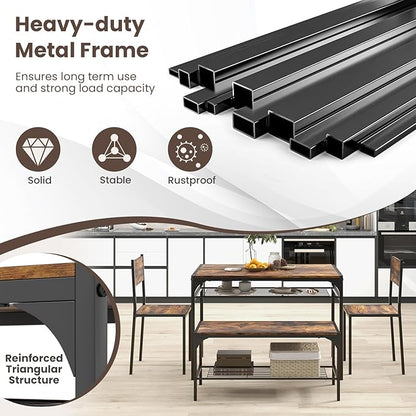 Tangkula Dining Table Set for 4, Kitchen Table and 2 Chairs for 4 with Bench, Additonal Storage Rack, 4 Piece Dining Table Set for Small Space, Apartment