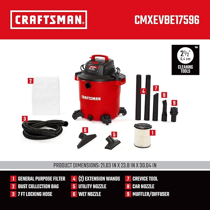 CRAFTSMAN CMXEVBE17596 20 Gallon 6.5 Peak HP Wet Dry Vac, Heavy-Duty Shop Vacuum Wet and Dry with Filter, Dust Bag, Hose and Attachments for Shop, Garage, Jobsite Cleaning