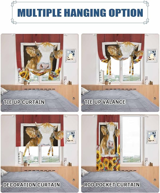 Tie Up Curtains for Windows, Cows Sunflowers Adjustable Balloon Nature Linen Textured Kitchen Curtain, Spring Floral Bees Farmhouse Barn Tie Up Light Filtering Curtains for Decor, 34 x 45 in