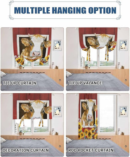 Tie Up Curtains for Windows, Cows Sunflowers Adjustable Balloon Nature Linen Textured Kitchen Curtain, Spring Floral Bees Farmhouse Barn Tie Up Light Filtering Curtains for Decor, 34 x 45 in