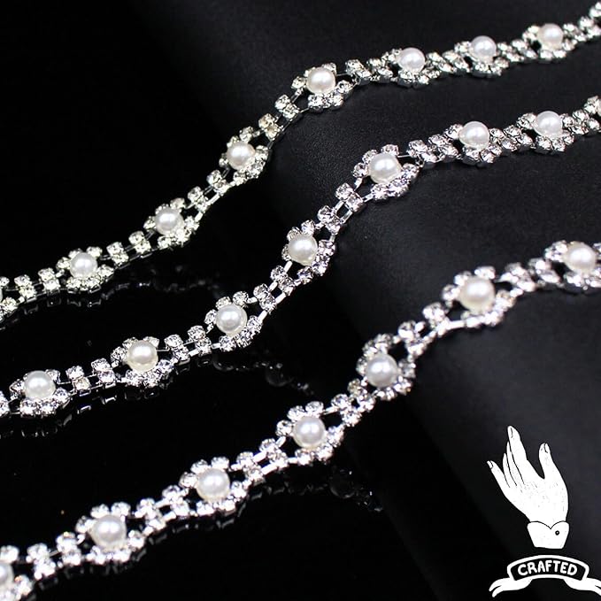 1 Yard Pearl Rhinestone Trim Chain Silver String Crystal Applique Fringe Ribbon Strips Beads Sewing Dress DIY Party Wedding Bouquet for Decoration Bridal Costume Embellishment