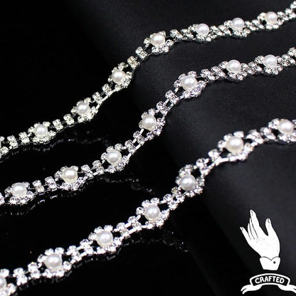 1 Yard Pearl Rhinestone Trim Chain Silver String Crystal Applique Fringe Ribbon Strips Beads Sewing Dress DIY Party Wedding Bouquet for Decoration Bridal Costume Embellishment
