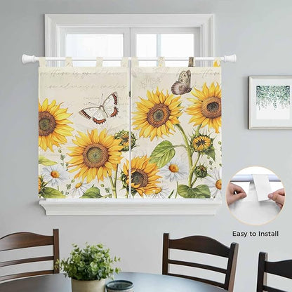 Farm Sunflowers Bedroom Curtains 63 Inch Length, Window Curtains Tab Top, Retro Flowers Butterfly Botanical Beige Light Filtering Window Treatments Drapes 42"x63" 2 Panel