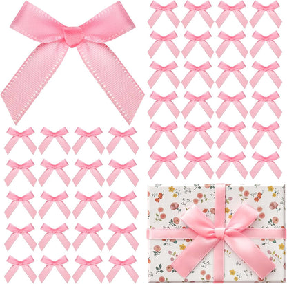 120 Pcs Mini Pink Bows for Crafts with Self-Adhesive Dot, 1.57" Small Satin Ribbon Bows for Gift Wrapping Cake Decorations Sewing Scrapbook Card Making Wedding Bow Party Decoration