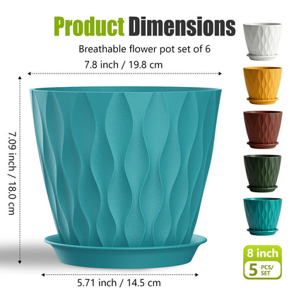 SQKH 8 Inch Plastic Plant Pots,Set of 5 Flower Pots,Planters with Drainage Holes & Saucers, Indoor Outdoor Garden Pots for Home Decor(Colorful)