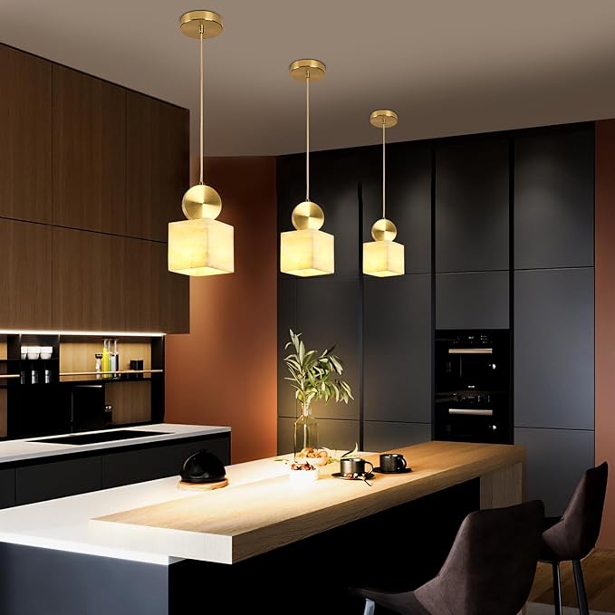 Natural Alabaster Pendant Lights Kitchen Island, White Pendant Light Fixtures, Light Pendan Marble Shade, for Bedroom Bathroom Dining Room Living Room (Bulbs INCL)