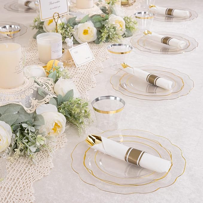 NOCCUR 50Guest Gold Rim Clear Plastic Plates&Disposable Silverware Cups-Include 100Plastic Plates, 150Gold Utensils, 50Cups and 50Napkins-Idea for Wedding/Fall Party/Thanksgiving
