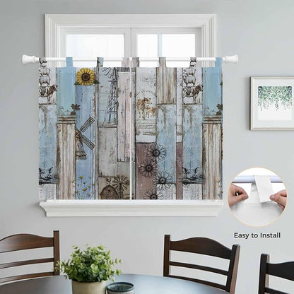 Blue Grey Wooden Kitchen Curtains 45 Inch Length, Short Cafe Window Curtains Tab Top, Farmhouse Barn Sunflowers Retro Light Filtering Window Treatments Tier Drapes 27.5"x45" 2 Panel