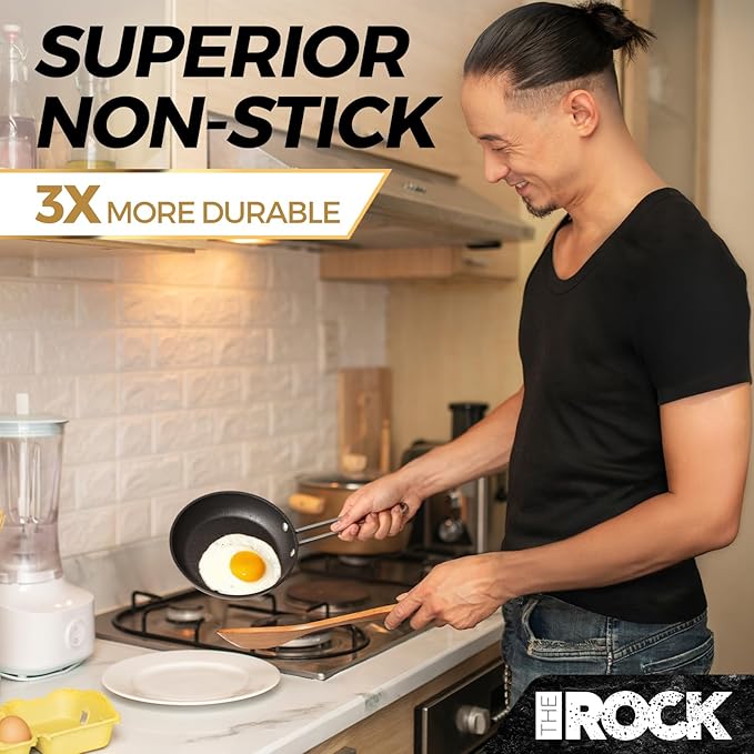 THE ROCK Single Serve Nonstick Pots and Pans Set, 4pc Portion Control Cookware Set with Rock.Tec, Scratch/Stain/Crack Proof, Oven & Dishwasher Safe, Perfect for Dorm, Camping & Small Kitchens, Black