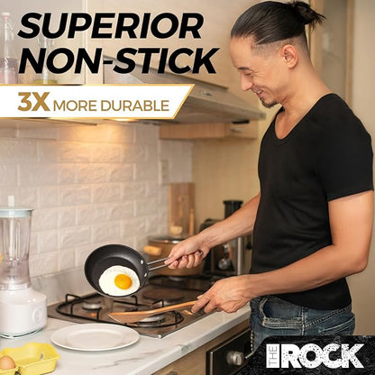 THE ROCK Single Serve Nonstick Pots and Pans Set, 4pc Portion Control Cookware Set with Rock.Tec, Scratch/Stain/Crack Proof, Oven & Dishwasher Safe, Perfect for Dorm, Camping & Small Kitchens, Black